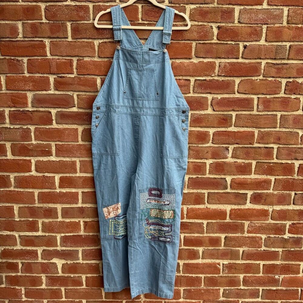 The Pyramid Collection Cotton Chambray Patchwork Boho Overalls Blue M NEW